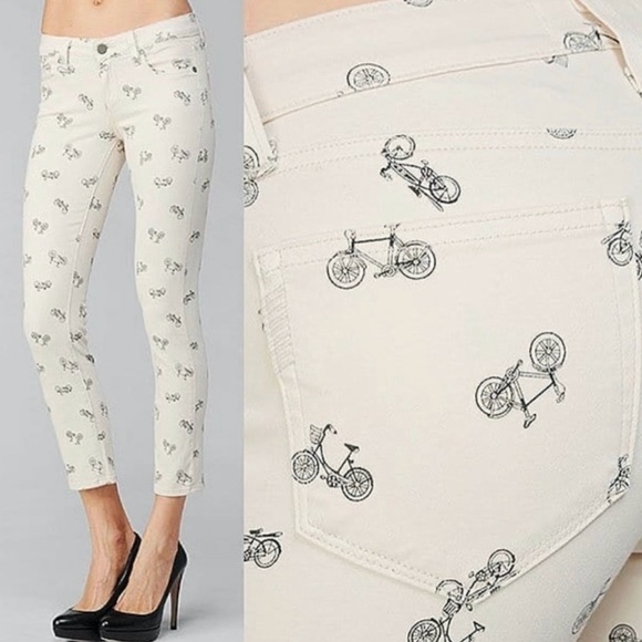 Paige Kylie Cropped Bicycle Print Cruiser Skinny Jeans Taupe Size 30 - Picture 1 of 16